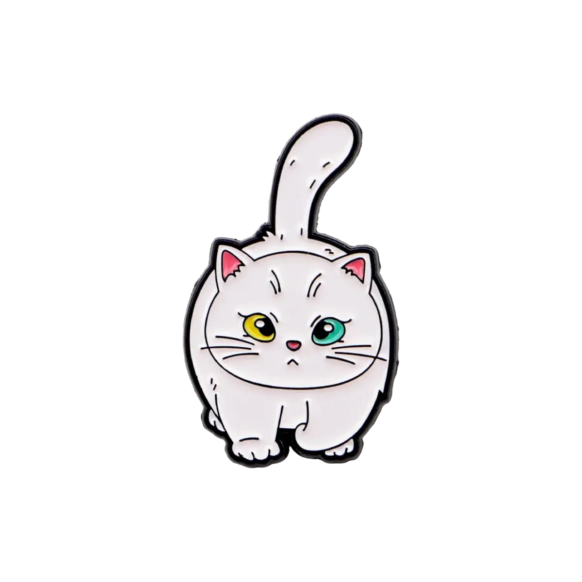 A charming white enamel cat lapel pin with one yellow eye, one teal eye, pink ears, and black outlines