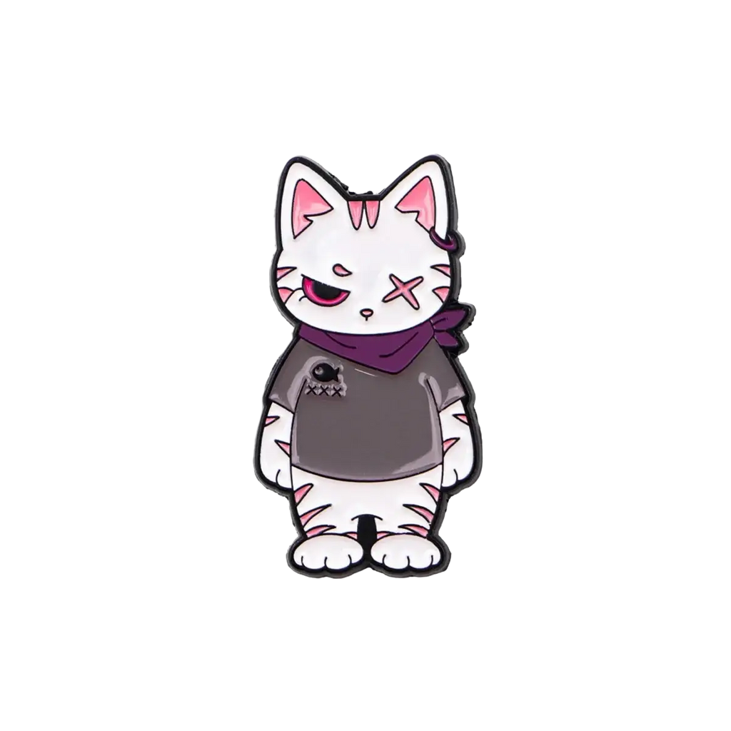 A white cartoon cat enamel lapel pin with pink details wearing a dark gray shirt and purple bandana from a pin set