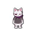 A white cartoon cat enamel lapel pin with pink details wearing a dark gray shirt and purple bandana from a pin set