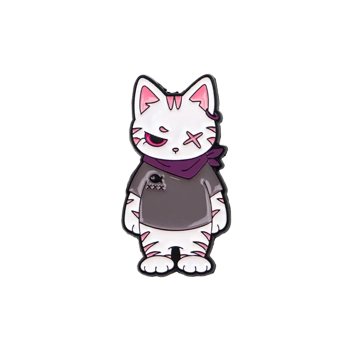 A white cartoon cat enamel lapel pin with pink details wearing a dark gray shirt and purple bandana from a pin set