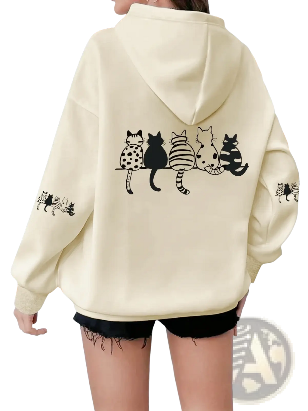 Back view of a cream-colored women’s casual hoodie featuring a playful black cat illustration on the back and cuffs
