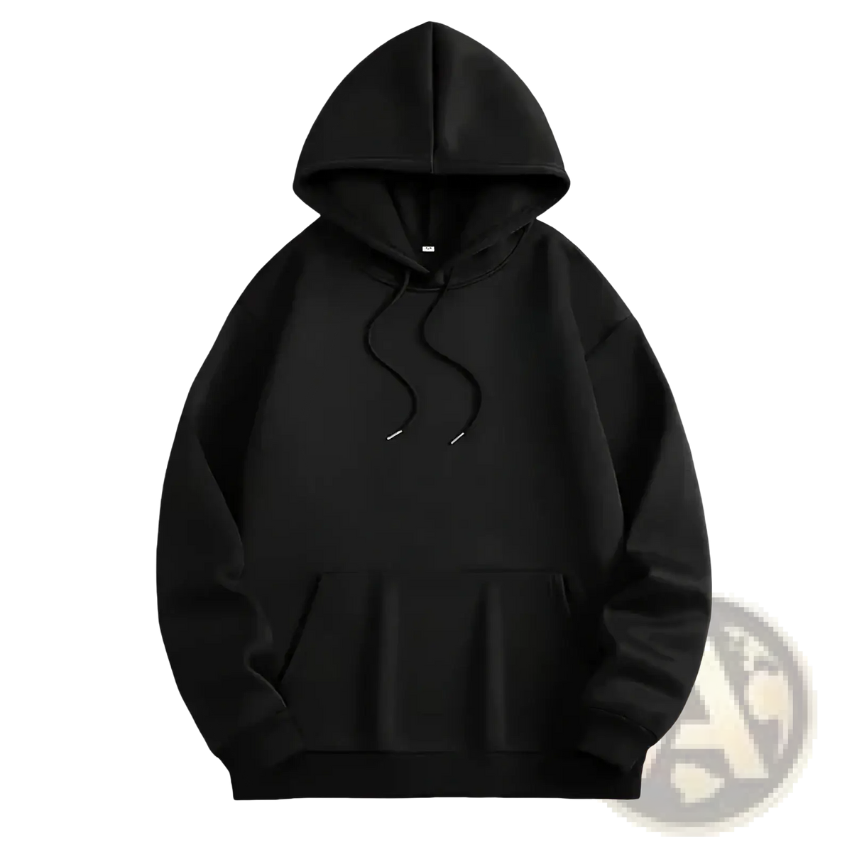 Black hooded sweatshirt with drawstrings and front pockets featuring a casual cat graphic design for women