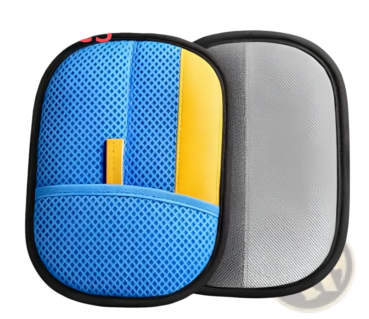 Blue and yellow mesh car phone holder with black trim shown on the back side for cat hair removal grooming mitt use