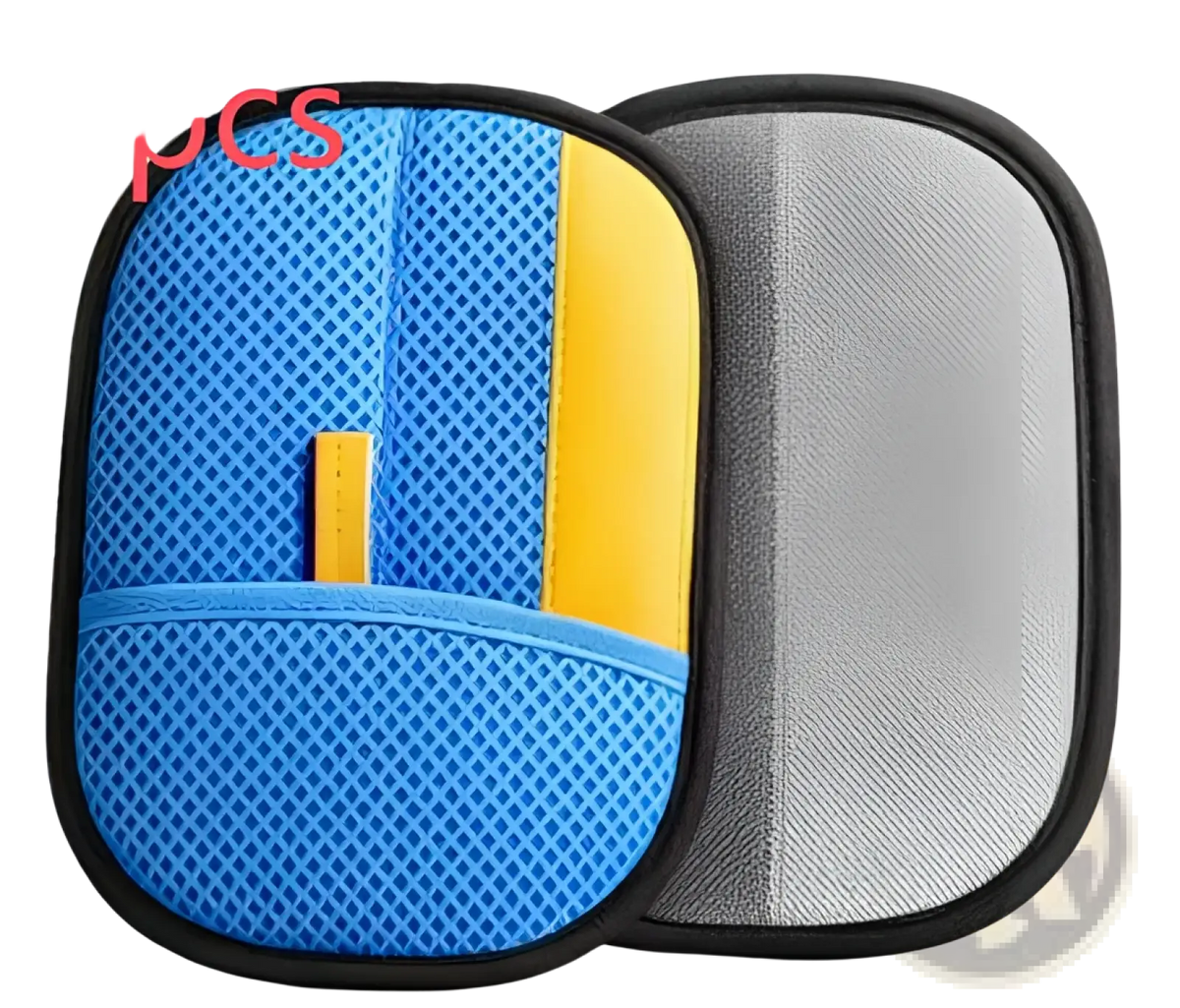 Cat hair removal grooming mitt made of blue and yellow mesh with black trim for pet fur removal
