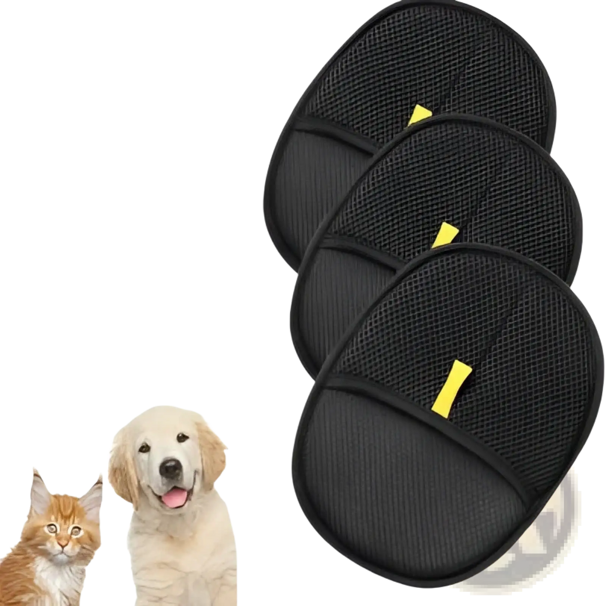 Black mesh cat hair removal grooming mitt with yellow accents for pet fur removal glove use