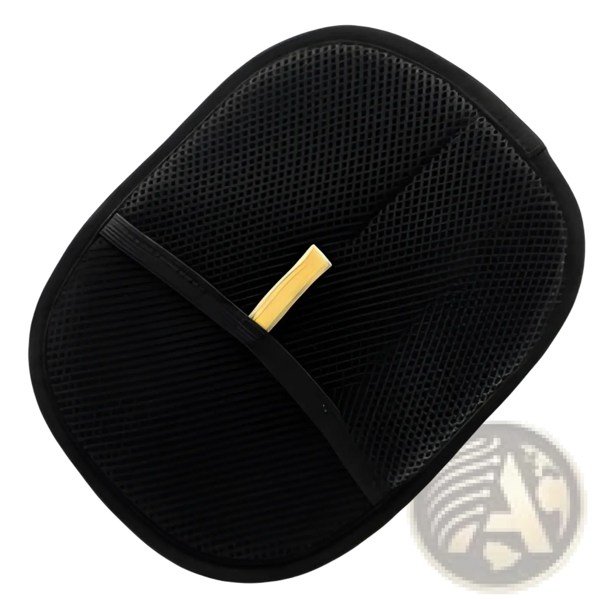 Black mesh car phone holder with yellow sticky tab shown from the back side in cat hair removal grooming mitt product image