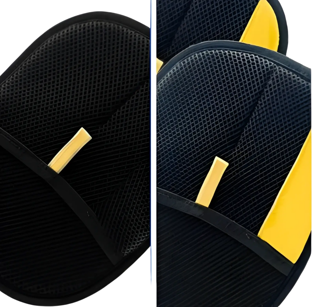 Black mesh cat hair removal grooming mitt with yellow accent stripes for pet fur removal glove