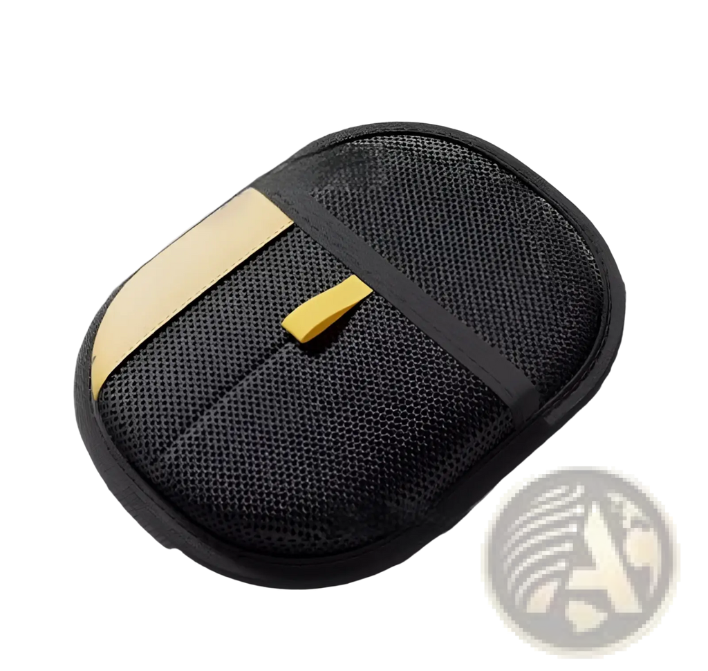 Black mesh car seat cushion with yellow strap and buckle shown with cat hair removal grooming mitt pet fur remover glove