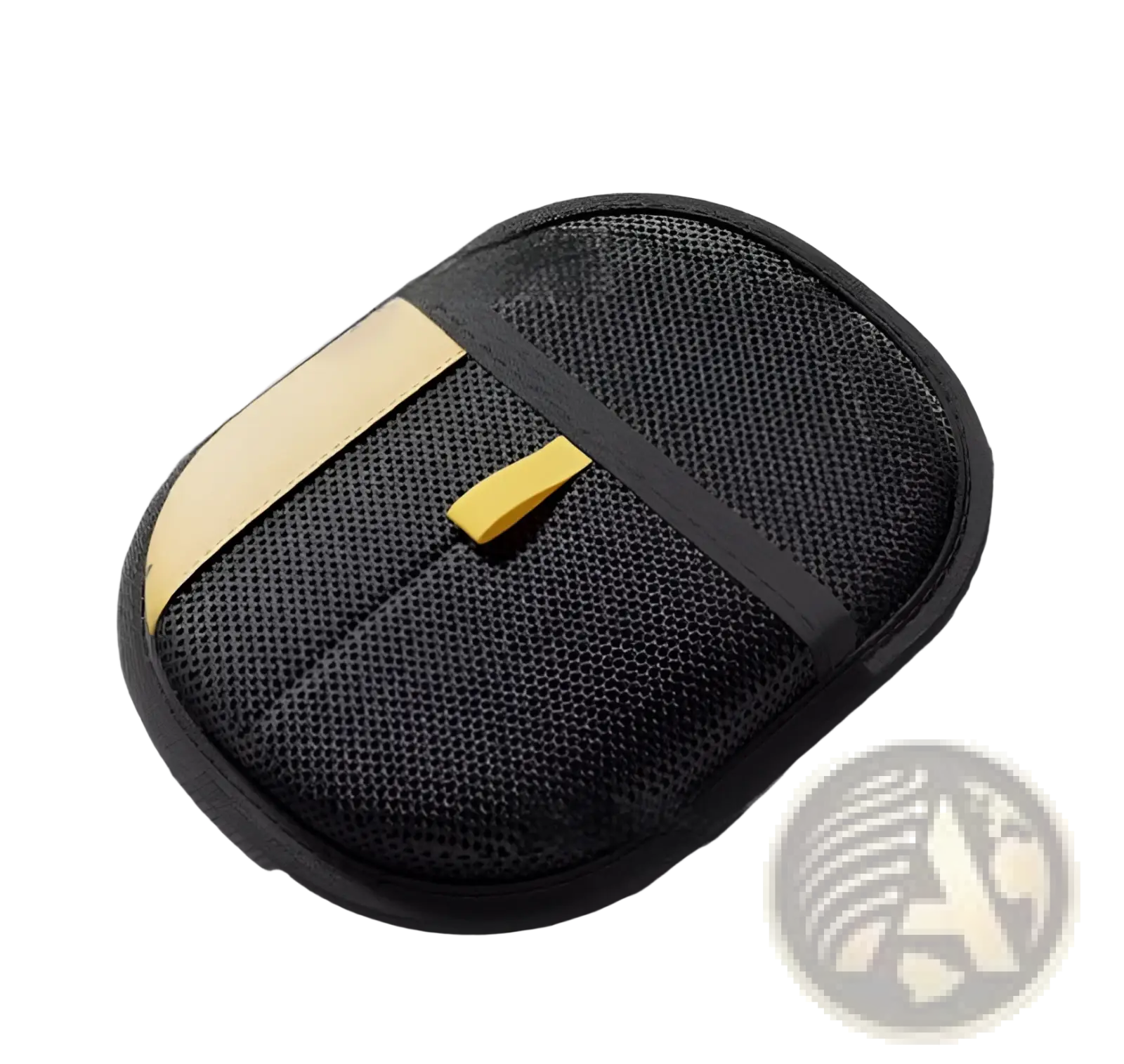 Black mesh car seat cushion with yellow strap and buckle shown with cat hair removal grooming mitt pet fur remover glove