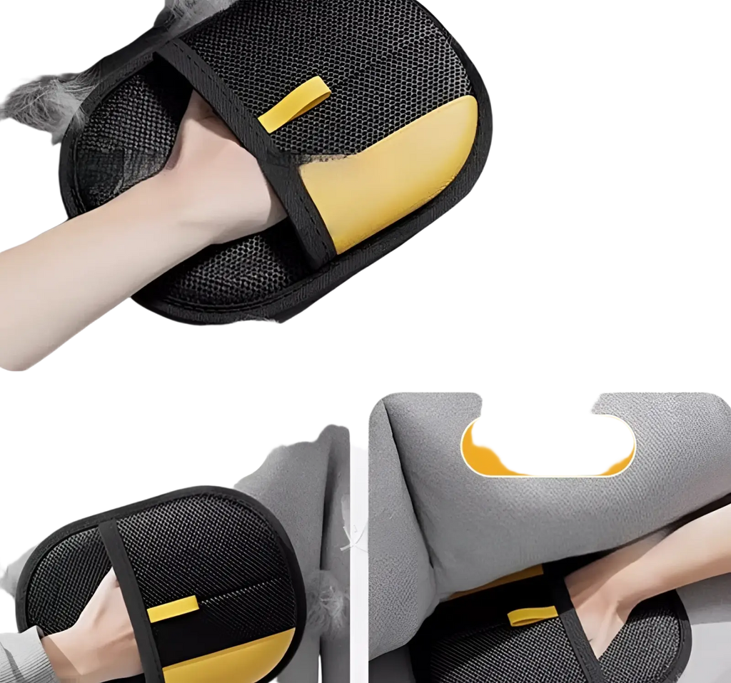 Black and yellow mesh cat hair removal grooming mitt with padded footbed for pet fur removal glove