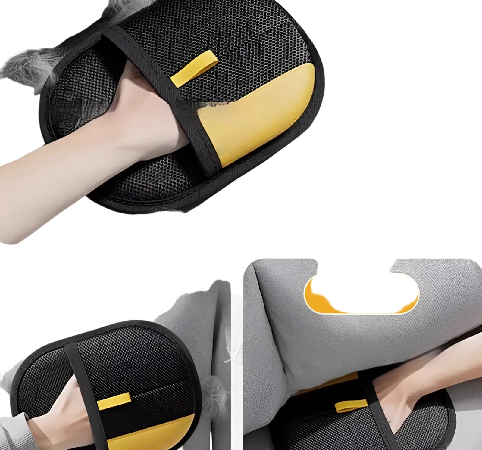 Black and yellow mesh cat hair removal grooming mitt with padded footbed for pet fur removal glove