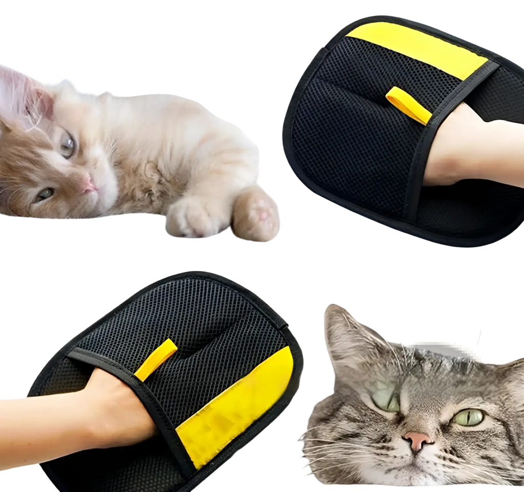 Black mesh cat hair removal grooming mitt with bright yellow accent stripes for pet fur removal use
