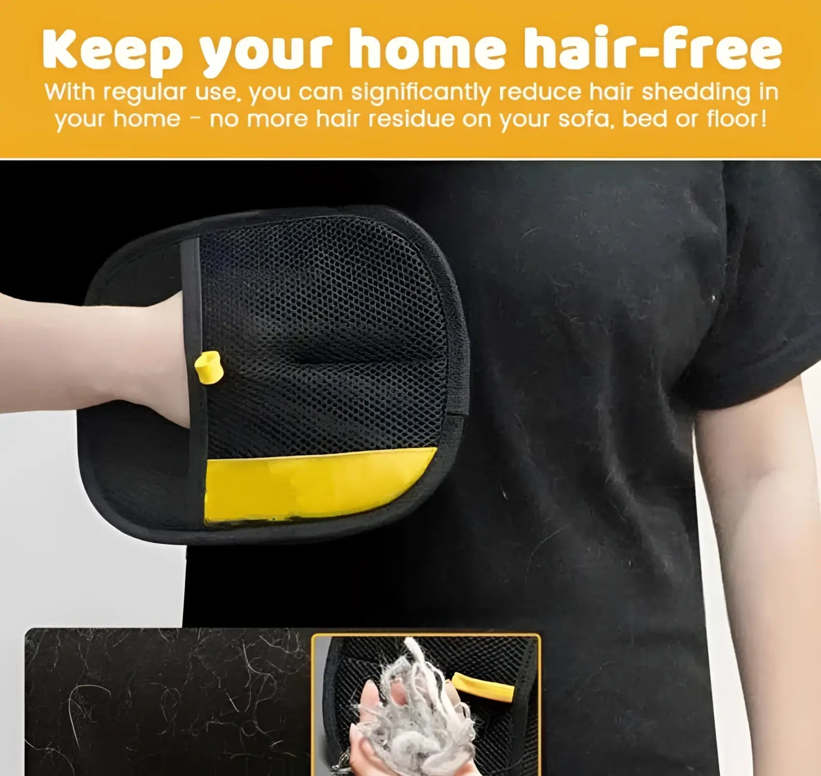 Black and yellow mesh cat hair removal grooming mitt with flexible strap for easy attachment to clothing
