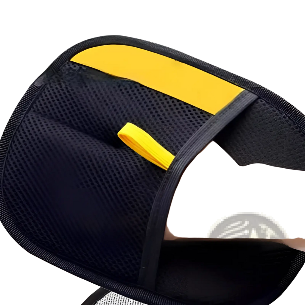 Black mesh slip-on sandal with bright yellow strap and accent band used with cat hair removal grooming mitt pet fur remover glove