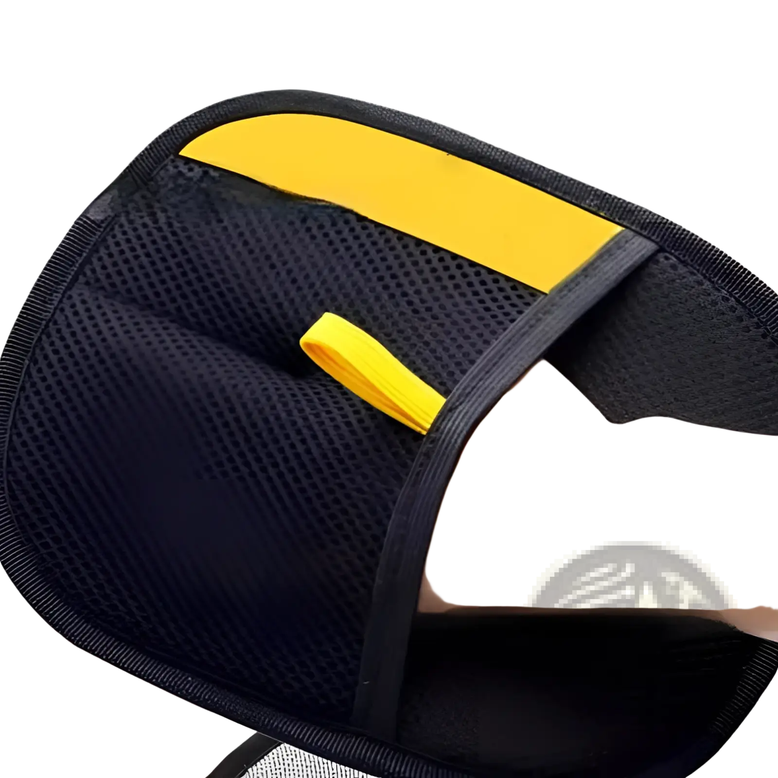 Black mesh slip-on sandal with bright yellow strap and accent band used with cat hair removal grooming mitt pet fur remover glove