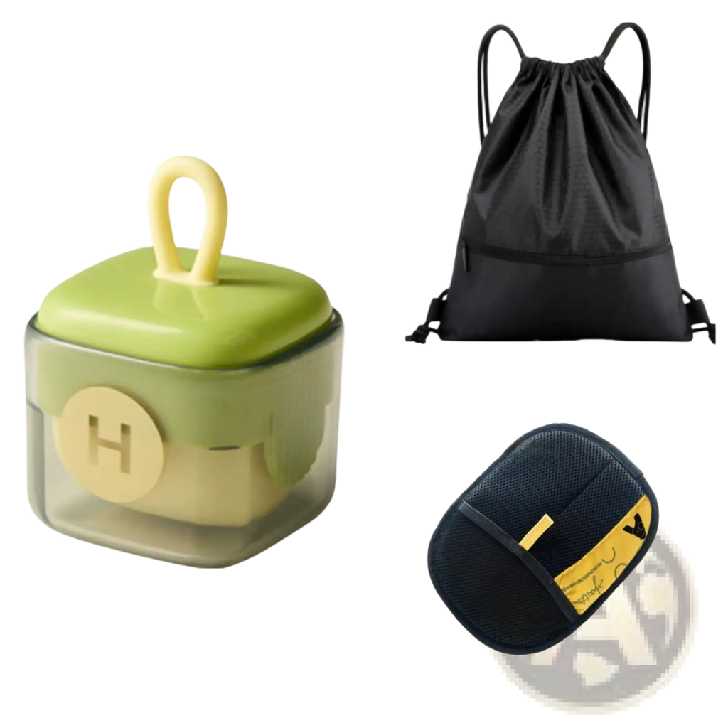 Green translucent plastic baby food storage container with yellow handle and h emblem for cat hair removal grooming mitt use
