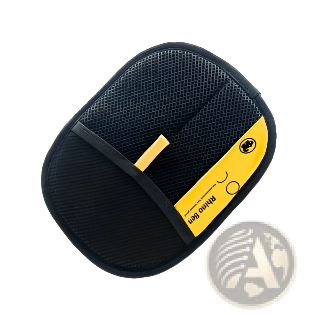 Black mesh car phone holder with yellow accent strip and rhino bar branding shown from the back side