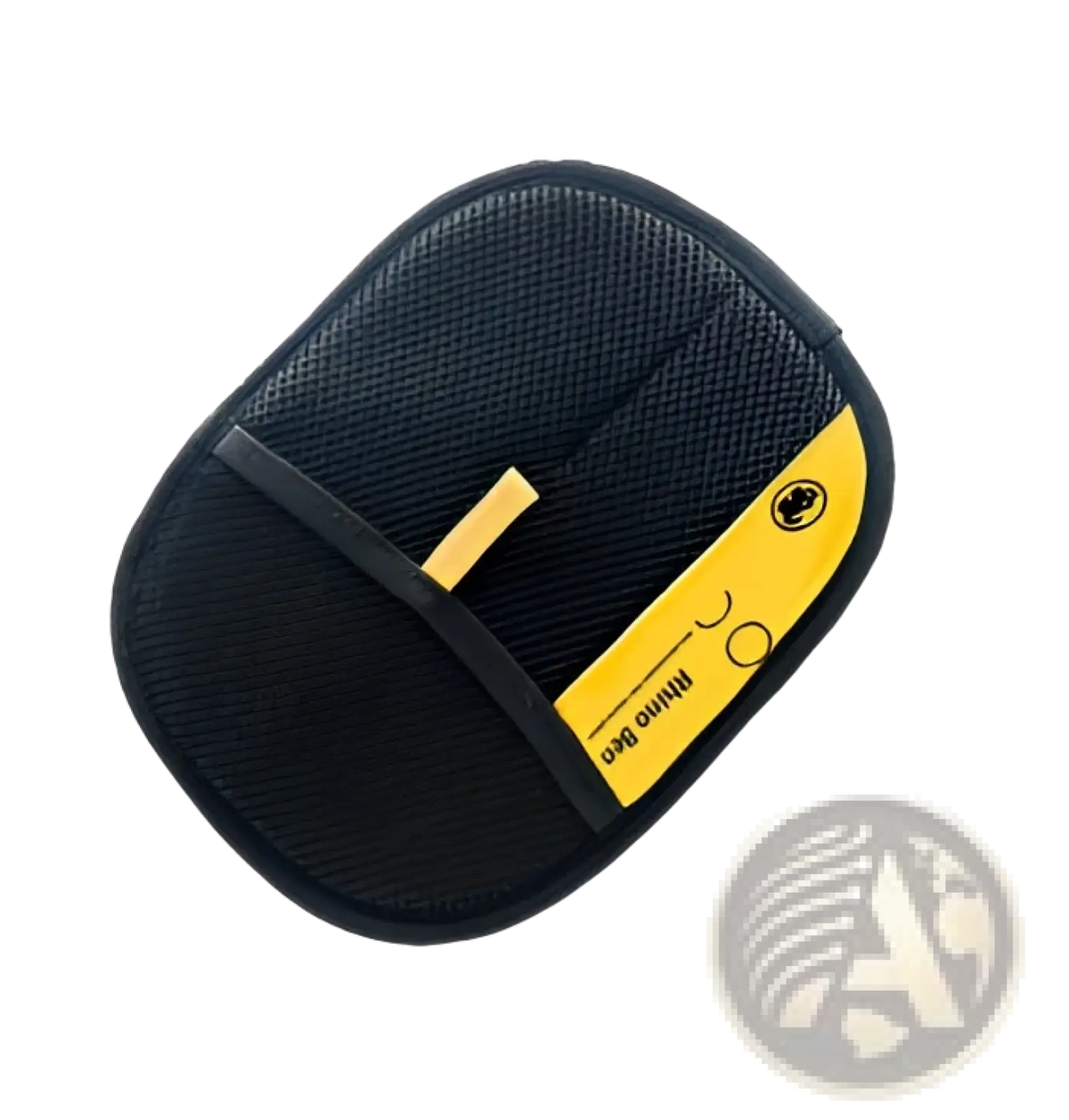 Black mesh cat hair removal grooming mitt with yellow label and gold zipper pull for pet fur removal glove
