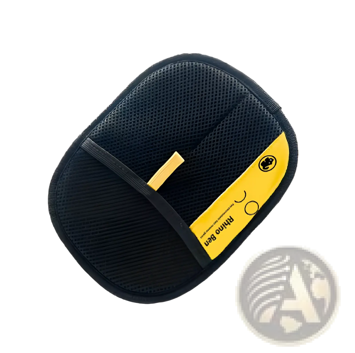 Black mesh car phone holder with yellow accent strip and rhino ben branding shown with cat hair removal grooming mitt product