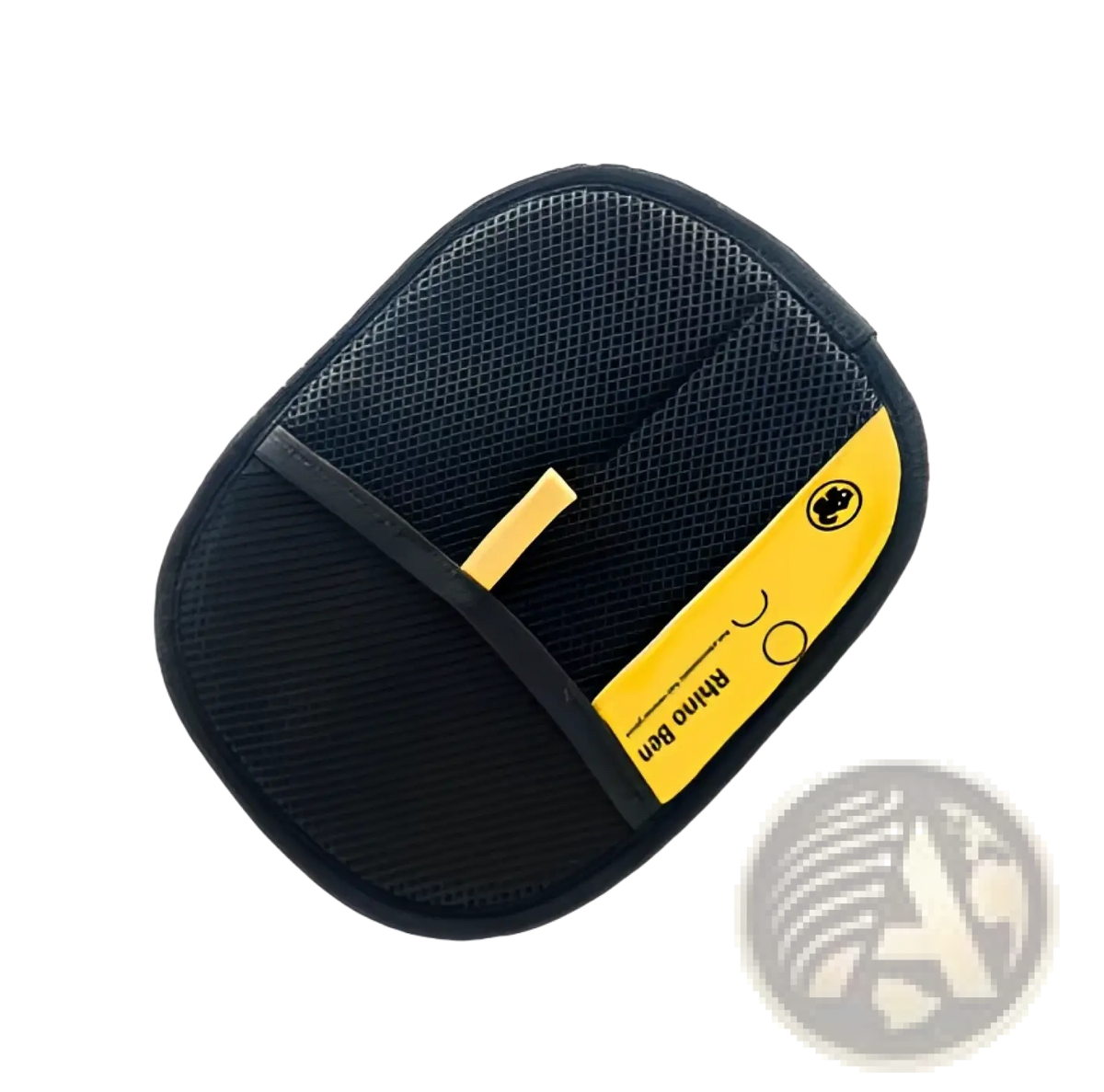 Black mesh cat hair removal grooming mitt with yellow accent strip and gold clip for pet fur removal