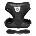 Black breathable mesh cat harness with white paw print emblem and matching leash featuring breakaway quick release