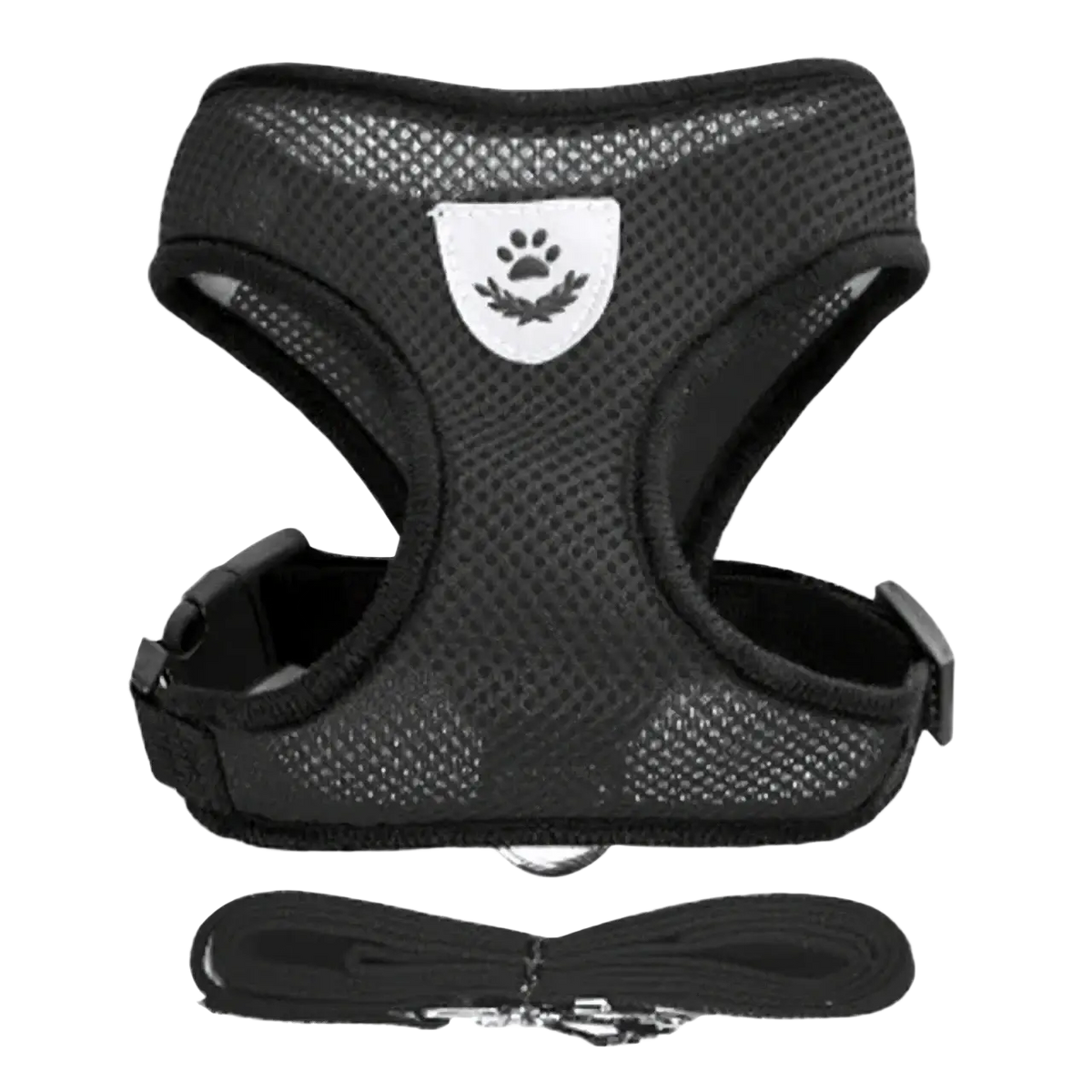 Black breathable mesh cat harness with white paw print emblem and matching leash featuring breakaway quick release