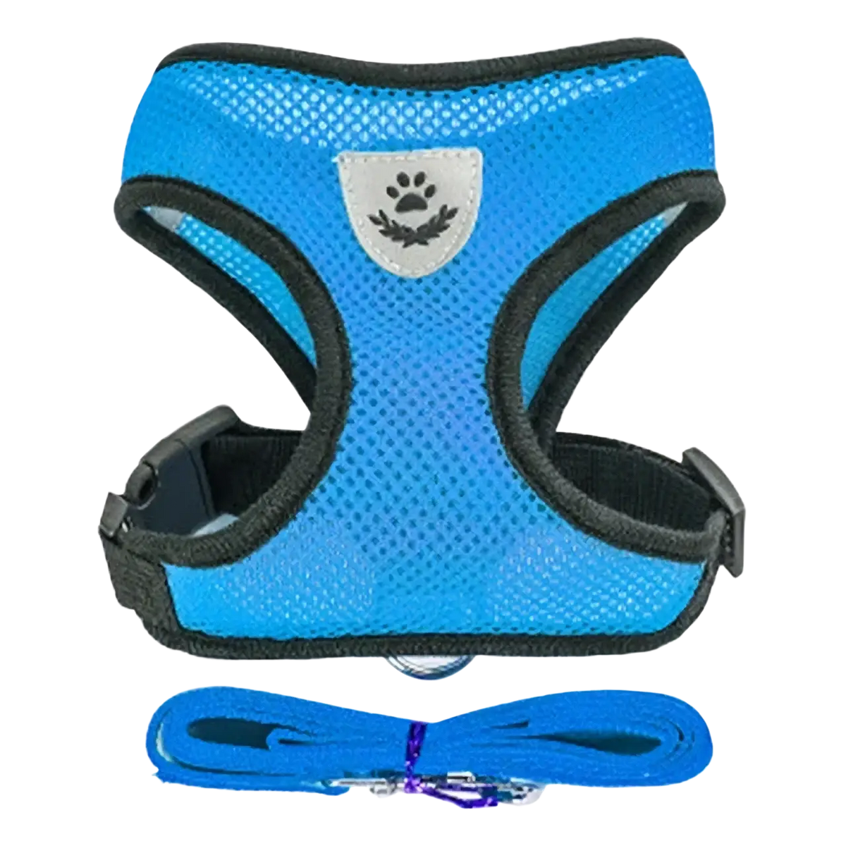 Bright blue breathable mesh cat harness and leash set with black trim and silver paw print featuring breakaway quick release