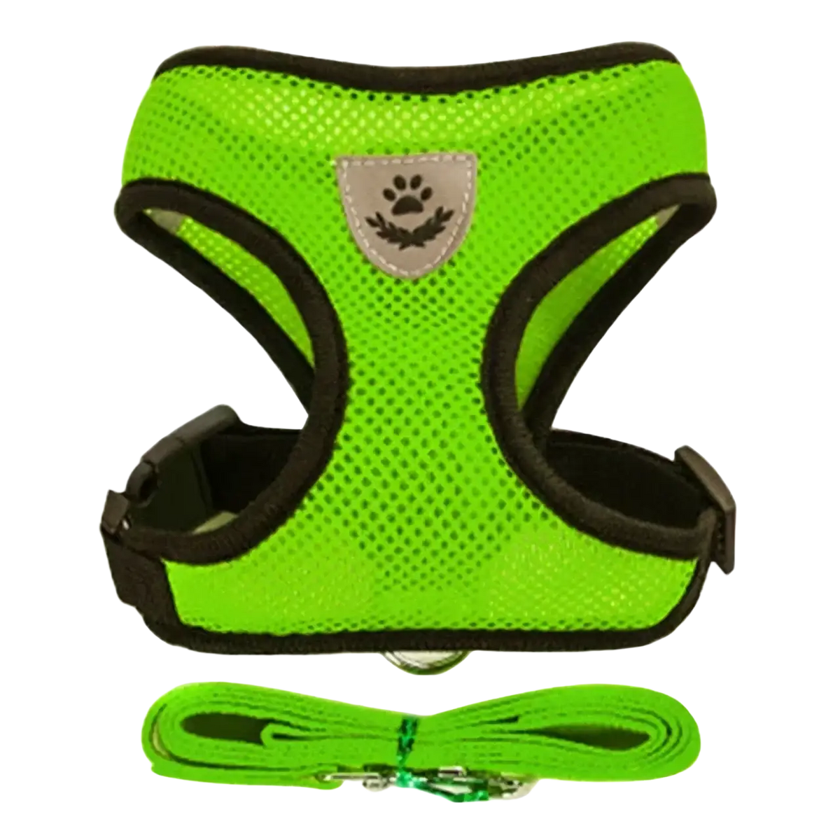 Bright neon green breathable mesh cat harness and leash set with black trim and silver paw print breakaway quick release