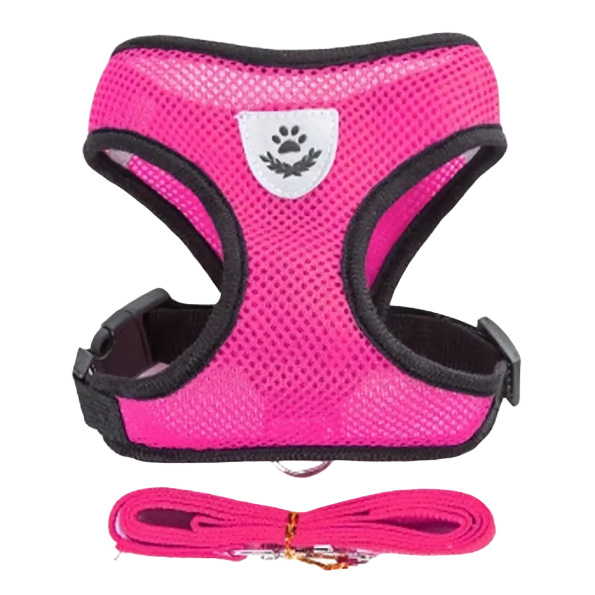 Bright pink breathable mesh cat harness and leash set with black trim and breakaway quick release for safety