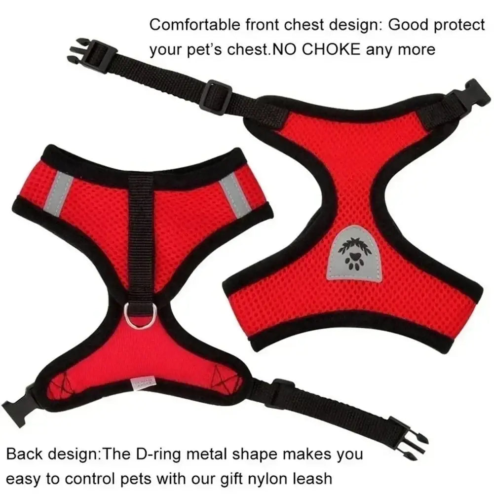 Red breathable mesh cat harness with black trim and reflective strips featuring breakaway quick release system