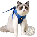 Blue mesh cat harness with adjustable straps and reflective panel for safe anti strike pet walking