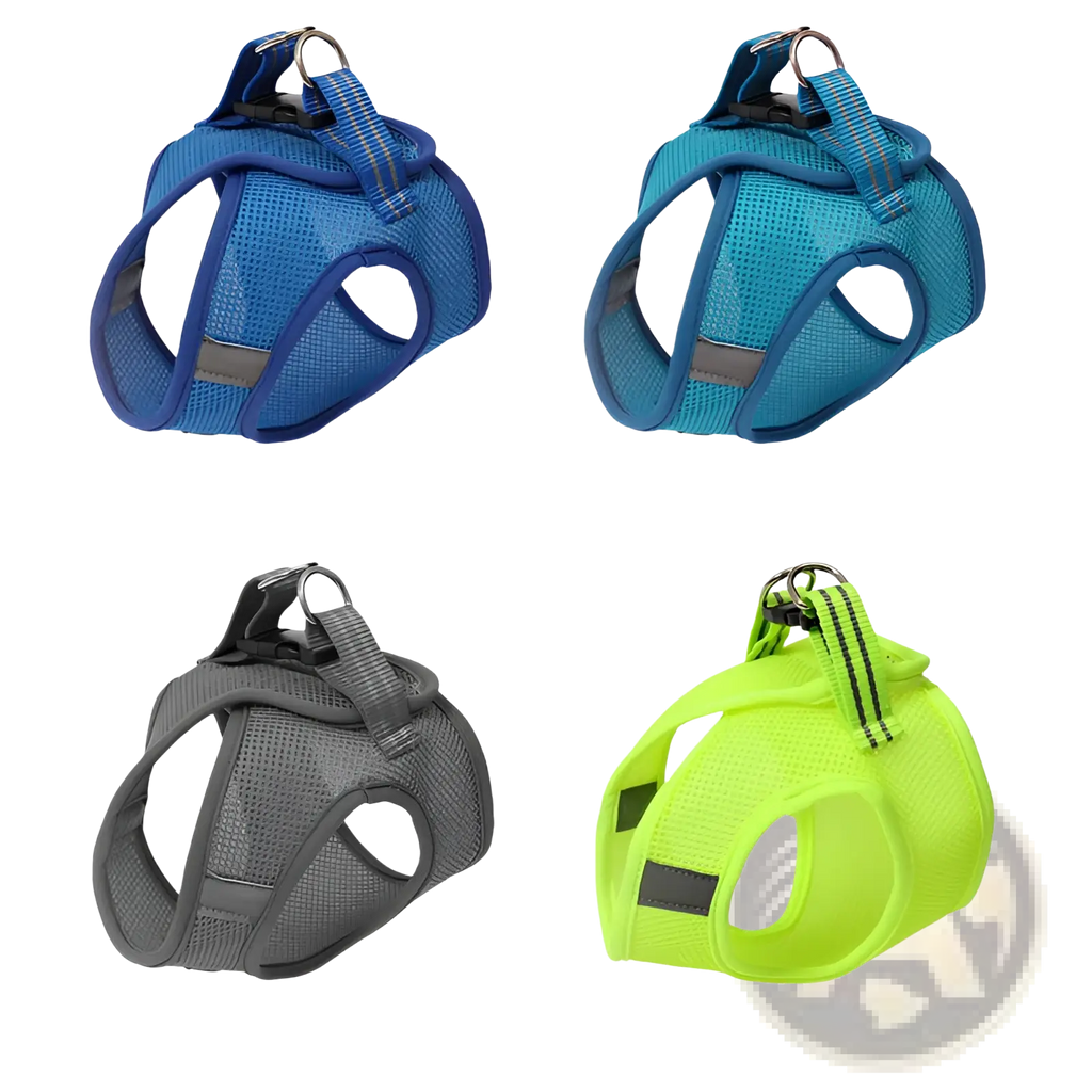 Cat harness mesh reflective anti strike pet walker in blue turquoise gray and fruit green with reflective strips