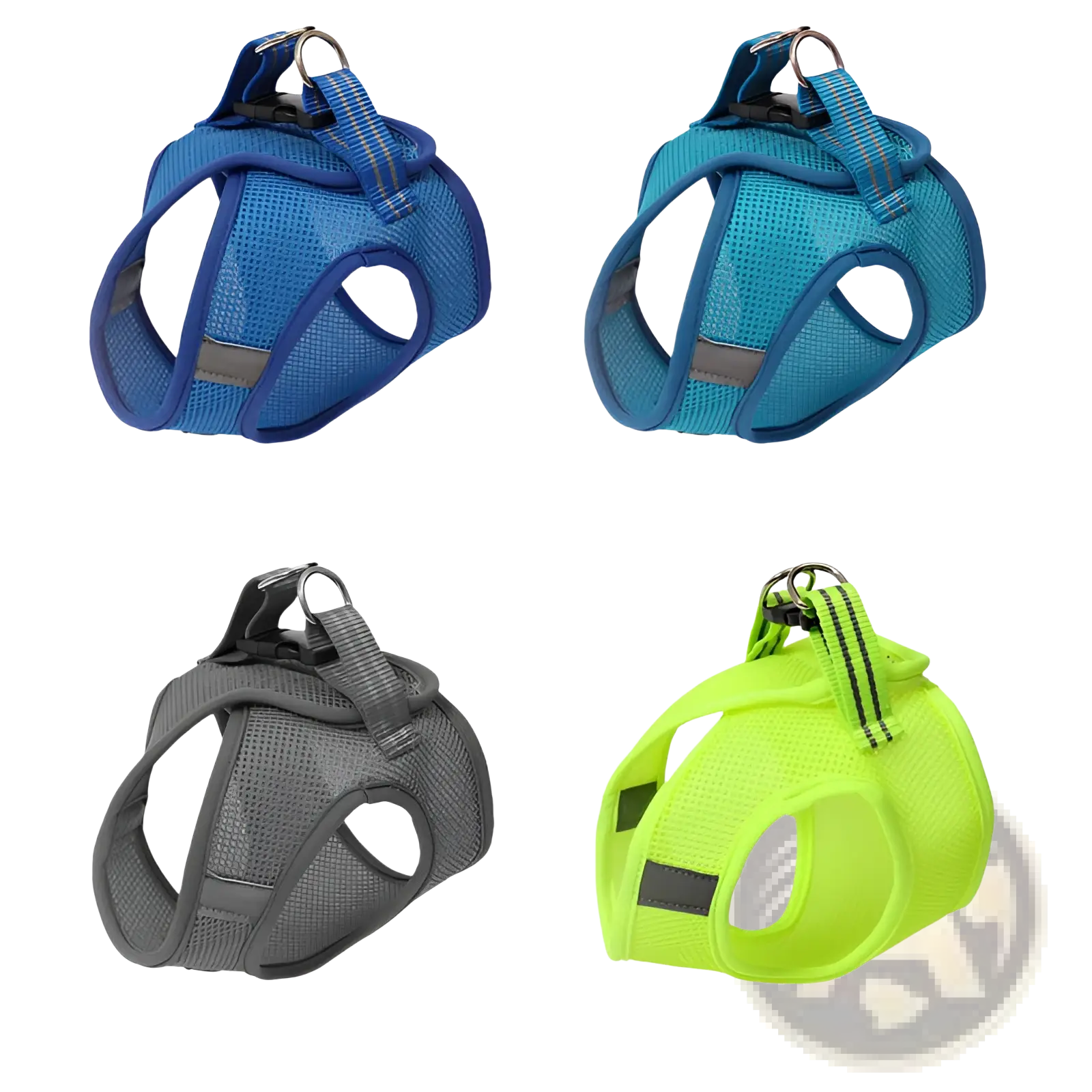 Cat harness mesh reflective anti strike pet walker in blue turquoise gray and fruit green with reflective strips