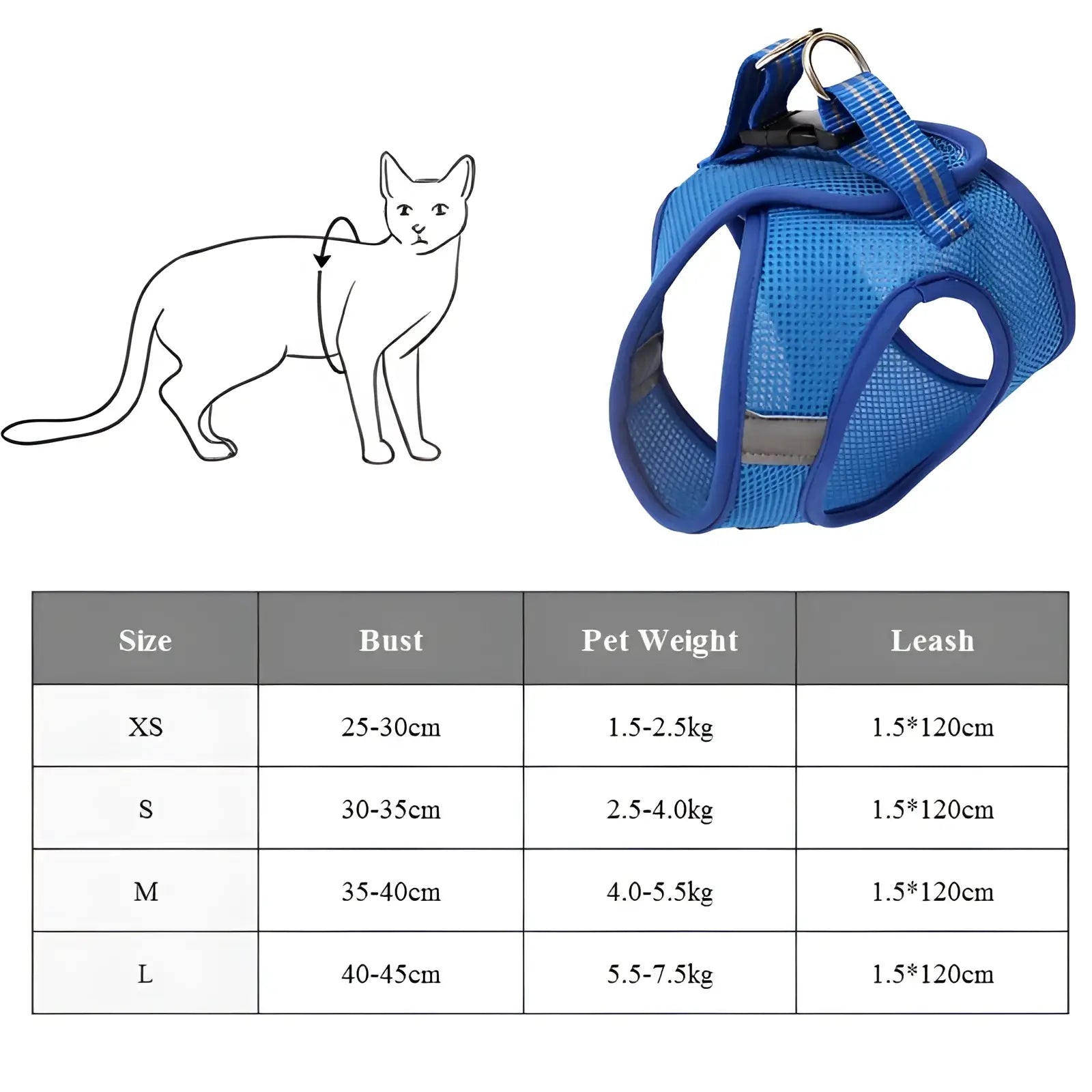 Blue mesh cat harness with reflective strips and a metal d-ring for safe outdoor pet walking
