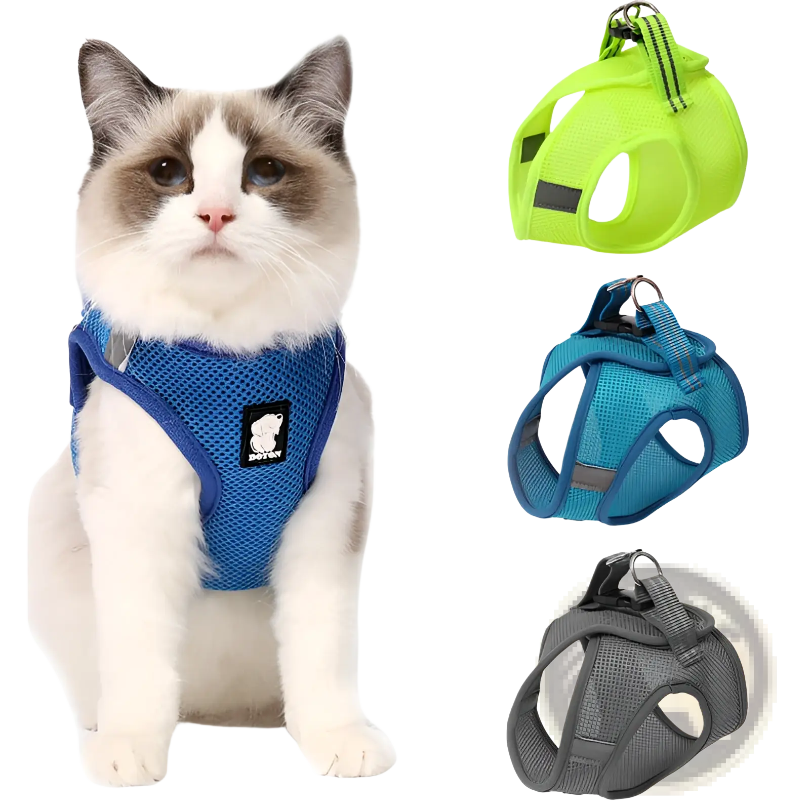 Blue mesh cat harness with black logo patch featuring reflective anti strike material for safe pet walking