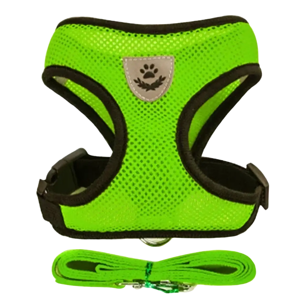 Bright neon green mesh cat harness with black trim and silver paw print emblem featuring collar type and lead leash