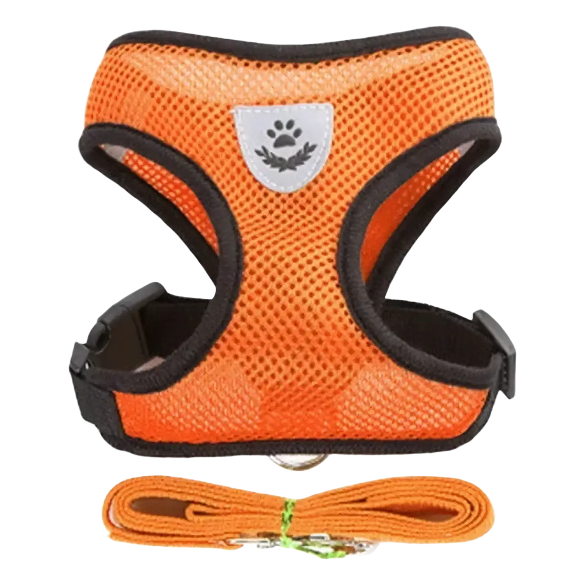 Bright orange mesh cat harness with black trim silver paw print emblem and matching leash for comfortable walking
