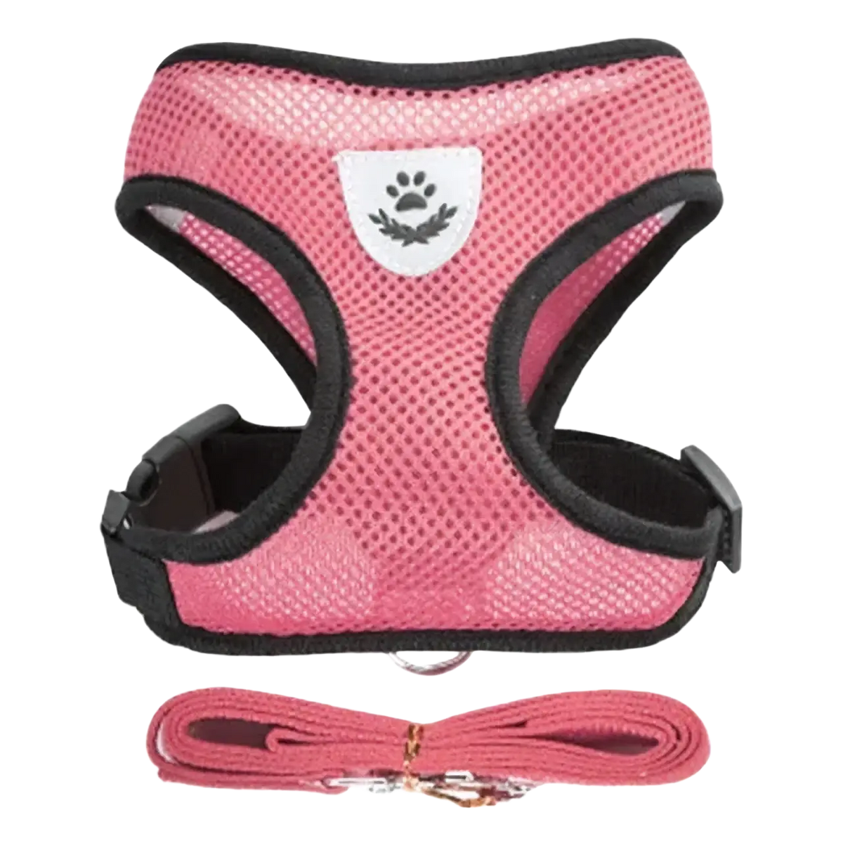 Pink mesh cat harness with black trim and white paw print emblem featuring collar type and matching pink leash for walking