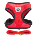 Red mesh cat harness with black trim silver paw print emblem and matching leash featuring adjustable collar type
