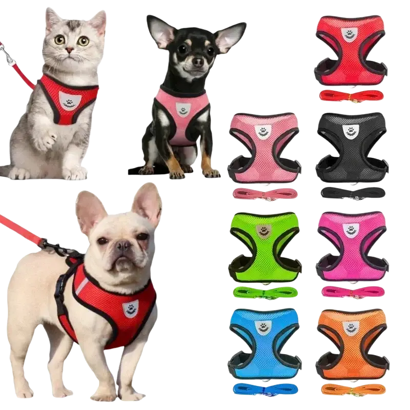 Red mesh cat harness with black trim and silver paw logo designed for comfortable walking and collar type security