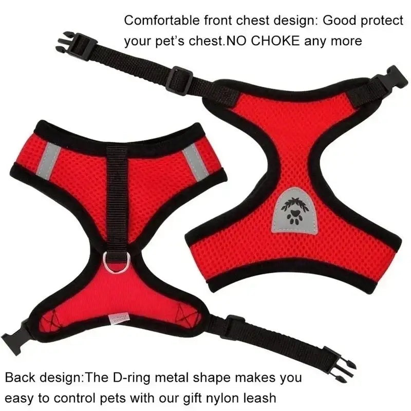 Red mesh cat harness with black trim and reflective strips designed for comfortable walking with lead leash and reference weight support
