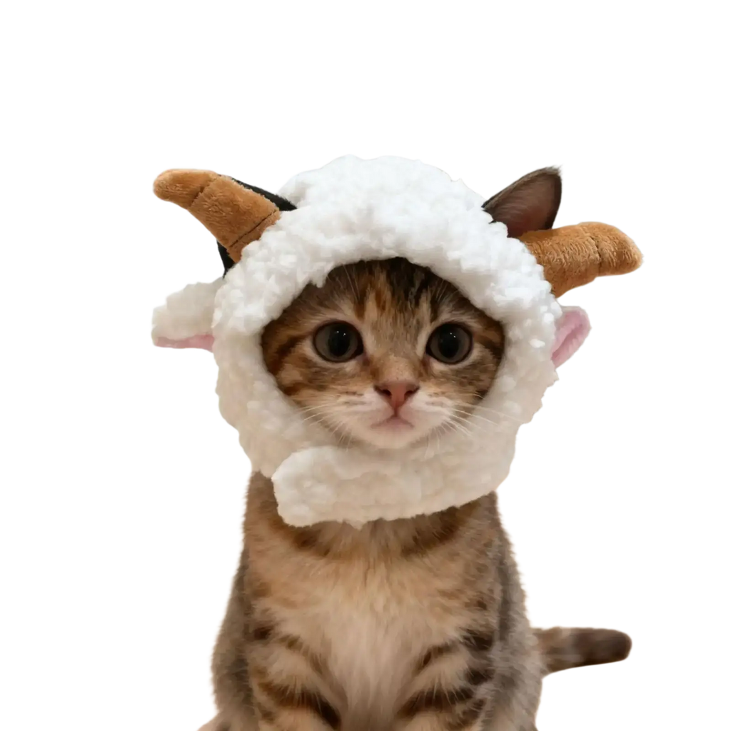 A fluffy white sheep plush cat headwear hat with brown horns and pink ears worn by a tabby kitten for cat winter