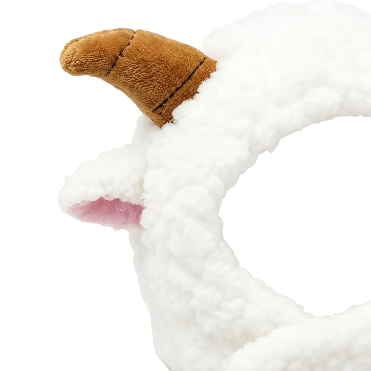 White fluffy plush sheep-shaped cat headwear with brown horn and pink inner ear for cat winter use