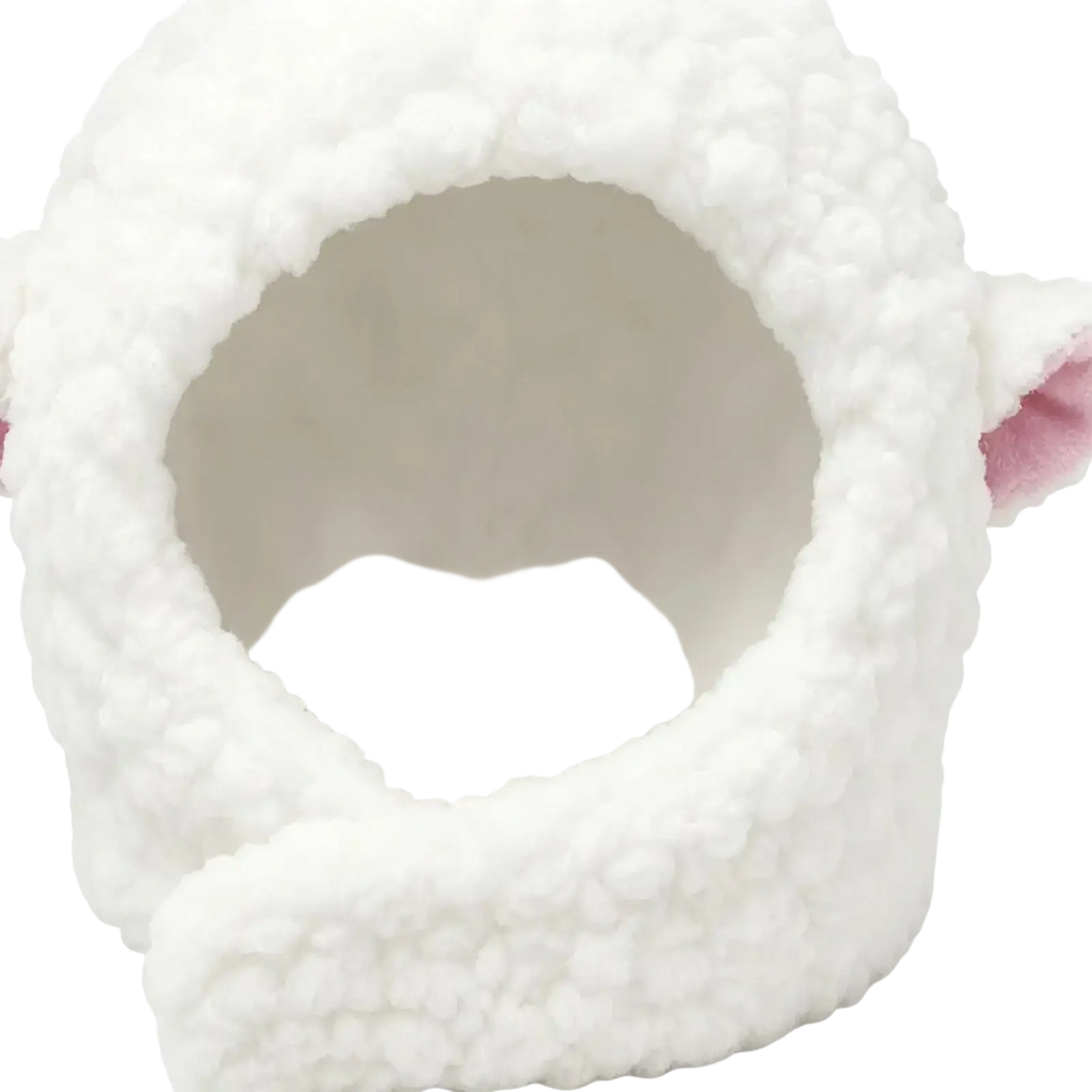 White fluffy sheep plush cat headwear with pink inner ear lining for cat winter and puppy cat winter use