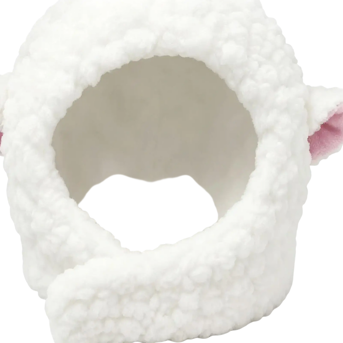 White fluffy sheep plush cat headwear with pink inner ear lining for cat winter and puppy cat winter use