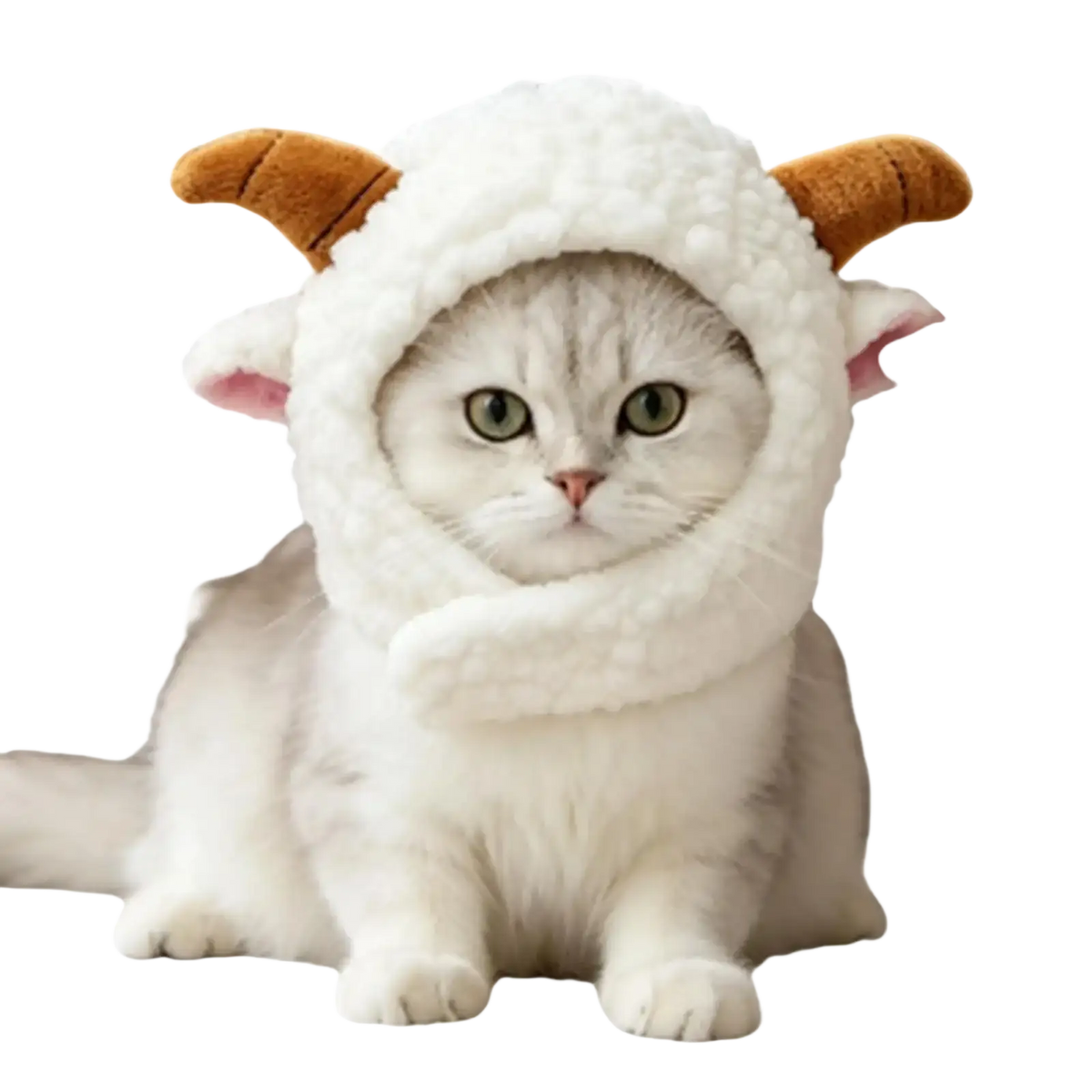White fluffy sheep-themed cat headwear plush winter costume hat with brown horn accents for puppy cat winter use