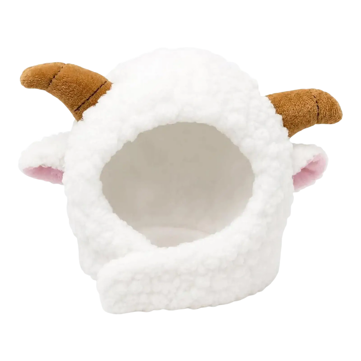 White plush sheep-shaped cat headwear with brown horns and pink inner ears for cat winter costume use