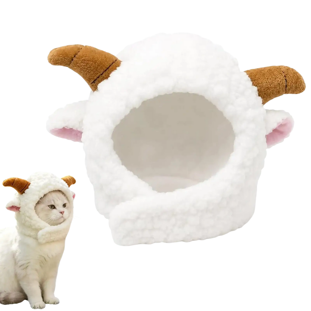 White plush sheep-shaped cat headwear with brown horns and pink ears for cat winter or puppy cat winter use