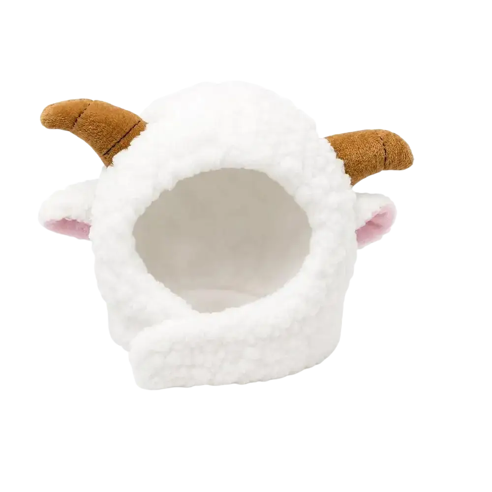 White plush sheep-shaped cat headwear with brown horns and pink ears for cat winter and puppy cat winter use