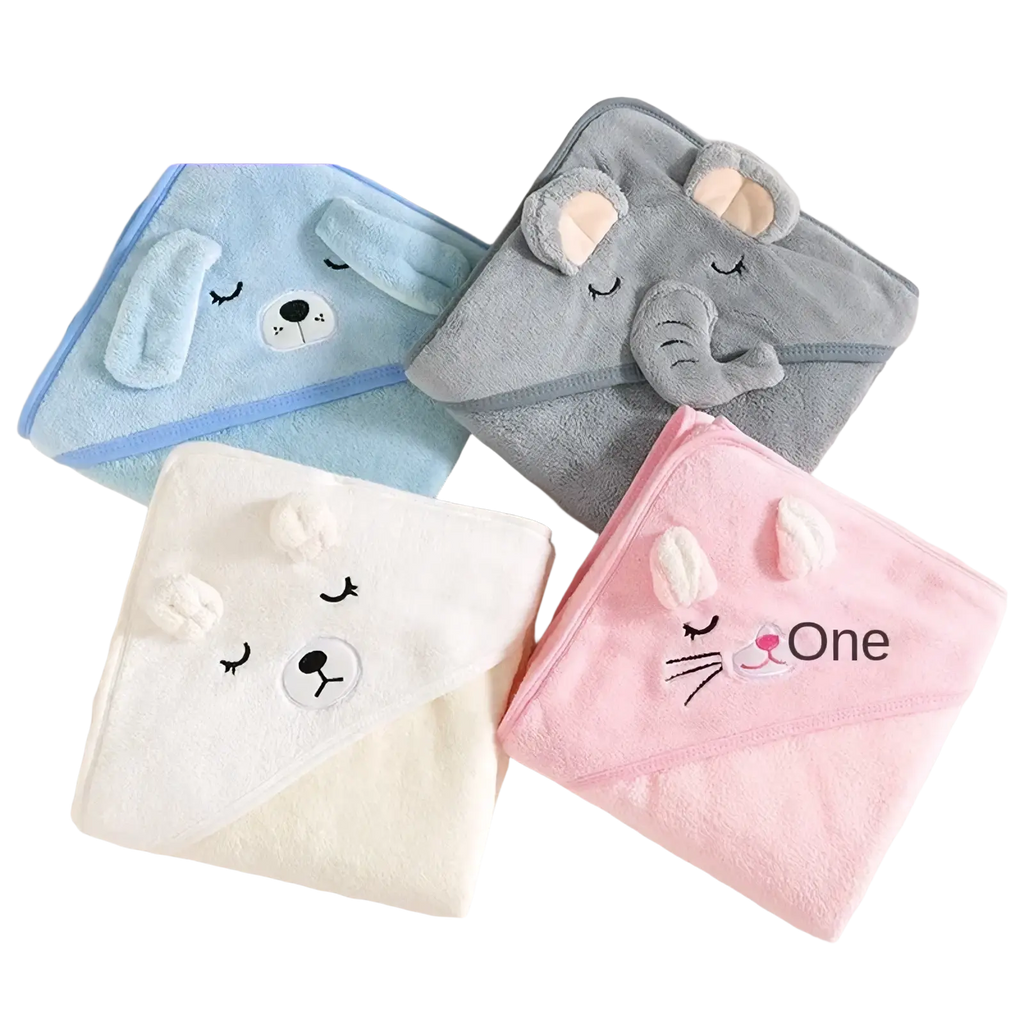 Cat hooded baby bath towel soft plush absorbent in light blue gray white and pink with embroidered animal faces